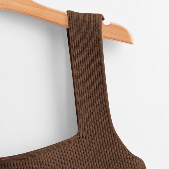 Coffee Brown Casual Women's Solid Ribbed Knit Top - Picture 3 of 4